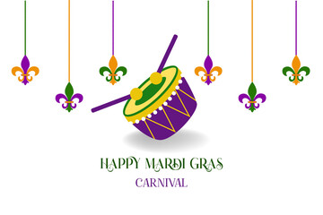 mardi gras carnival party design with cartoon colorful drum with sticks, fleur de lis  . Fat tuesday, carnival, festival. For greeting card, banner, gift packaging, poster.   © Pixora Labs
