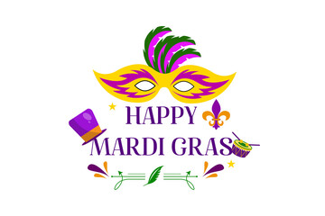 Obraz premium mardi gras carnival party design with cartoon colorful mask with feathers, drums, hat . Fat tuesday, carnival, festival. For greeting card, banner, gift packaging, poster. 