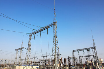 Modern electrical substation on sunny day, low angle view