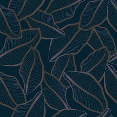 Leaves Seamless Pattern. Simple Line Art Leaf Drawing. Line Leaves on Blue Background. Hand Drawn Botanical Pattern. Vector EPS 10