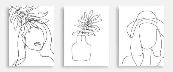 One Line Drawing Vector Leaves, Plants and Woman Portrait. Modern Single Line Art, Aesthetic Contour. Perfect for Home Decor, Wall Art Posters, or t-shirt Print, Mobile Case. Continuous Line Drawing