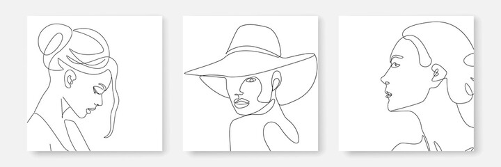Woman Portrait One Line Drawing Prints Set. Creative Contemporary Abstract Line Drawing. Beauty Fashion Female Faces. Vector Minimalist Design for Wall Art, Print, Card, Poster.