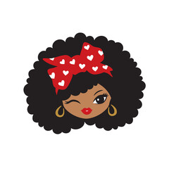 Vector illustration of a cute black girl with afro hair and red bow bandana.
