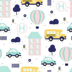 City seamless pattern with hot air balloon, school bus, helicopter pad, car, traffic lights, crosswalk, house, trees and abstract elements. Hand drawn Scandinavian style vector illustration.