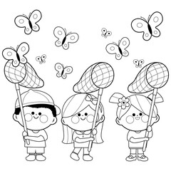 Children with butterfly nets catching butterflies. Vector black and white coloring page
