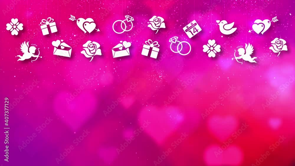Poster valentine theme decoration motion particles animation with drop down graphic icons associated with v