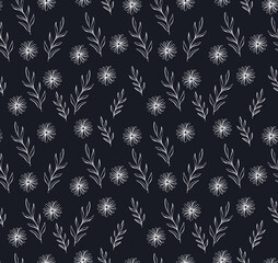 Seamless spring pattern with flowers chamomile,  leaves isolated on dark background. Vector illustration for tile, wrapping  paper, fabric, web, party, event, wallpaper, wedding, textile, weave.