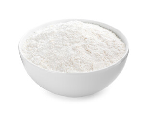 Fototapeta na wymiar Organic flour in ceramic bowl isolated on white.