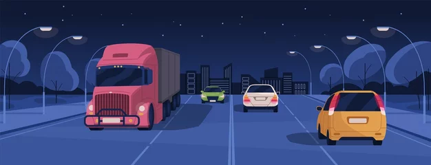 Fotobehang Night driving in lit city street with buildings and lights. Panoramic view of nighttime road traffic with cars and trucks. Horizontal colored flat cartoon vector illustration © Good Studio