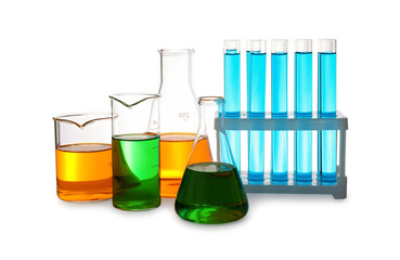 Laboratory glassware with colorful liquids on white background