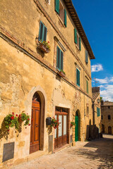 Fototapeta na wymiar Residential buildings in the historic centre of the medieval town of Monticchiello near Pienza in Siena Province, Tuscany, Italy 
