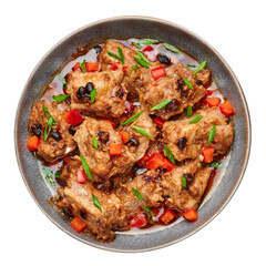 Dim Sum Pork Spare Ribs or Pai Guat in gray bowl isolated on white. Chinese cantonese cuisine steamed spareribs dish with black soybeans. Asian food.