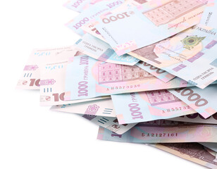1000 Ukrainian Hryvnia banknotes on white background, closeup