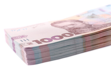 Obraz na płótnie Canvas 1000 Ukrainian Hryvnia banknotes on white background, closeup