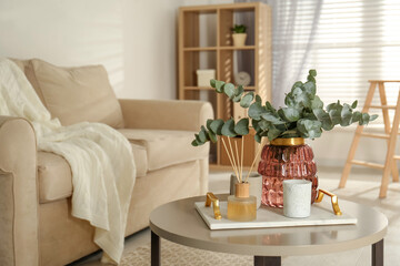 Bunch of eucalyptus branches and oil diffuser on table in living room. Interior design