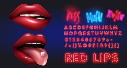 Female lips with neon alphabet. Sexy female lips isolated on transparent background, air kiss, beautiful lips, beauty, pink lipstick, cosmetics. 3D effect.