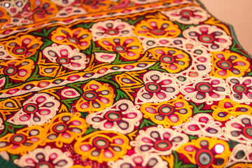 Rajeshthan India embroidery close up view,handwork embroidery,selective focus on handmade embroidery.traditional Indian handmade embroidery