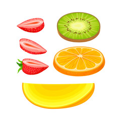 Ripe Fruit with Slices of Mango and Orange Floating as Breakfast Ingredients Vector Illustration