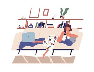 Young woman spending time with smartphone surfing internet and lying on sofa at home. Female character chatting or communicating by phone on couch. Flat vector illustration isolated on white
