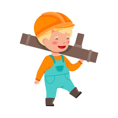 Little Boy Builder Wearing Hard Hat Carrying Metal Pipe Vector Illustration
