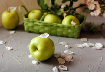 Fresh green apple and fallen apple flower petals. Selective Focus