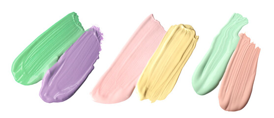 Set with strokes of color correcting concealers on white background, top view. Banner design