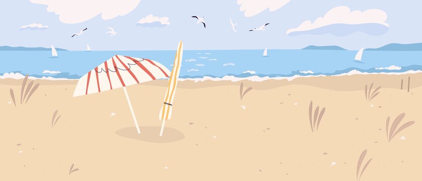 Deserted sandy beach landscape. Summertime scenery of desert sea shore with umbrellas, seagulls in cloudy sky and sailboats on horizon. Flat vector illustration