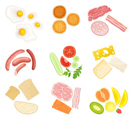 Floating Breakfast Ingredients with Bread Slices, Vegetables and Bacon Vector Set