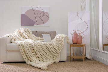 Soft knitted blanket and modern laptop on couch in living room. Interior element