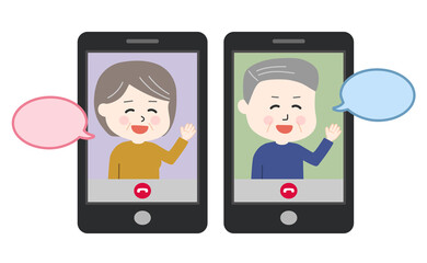 People having a video call on the cell phone with speech bubbles. Vector illustration isolated on white background.