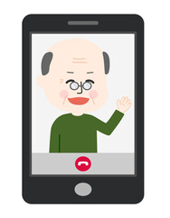 Elderly man having a video call on the cell phone. Vector illustration isolated on white background.