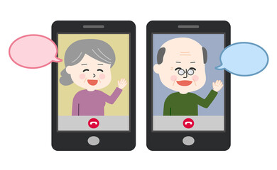 Elderly people having a video call on the cell phone with speech bubbles. Vector illustration isolated on white background.