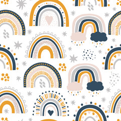 Cute kids nursery rainbow seamless pattern with repeat elements , clouds, stars, sunshine. Vector scandinavian print, pastel colours