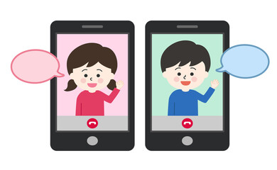 Children having a video call on the cell phone with speech bubbles. Vector illustration isolated on white background.