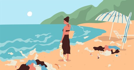 Obraz na płótnie Canvas Young woman at dirty sea coast full of garbage. Marine summer scenery with plastic trash and rubbish. Contaminated environment and ecological problems concept. Flat vector illustration