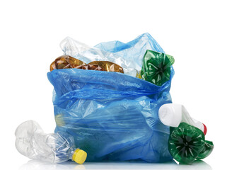Garbage bag full of plastic waste, eggplants and bottles isolated on white