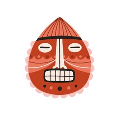 Funny ancient african tribal mask with closed eyes showing teeth in anger. Dreaded ethnic ritual symbol or souvenir isolated on white background. Hand-drawn flat vector illustration