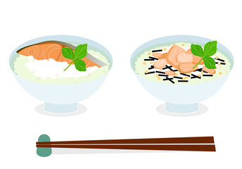 鮭ご飯と鮭茶漬けのイラストセット