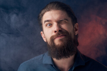 Cheerful man beard emotions black shirt close-up