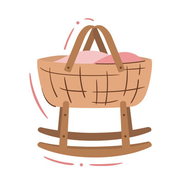 Baby Cradle Basket, Rocking Bassinet On Runners - Isolated Vector Illustration. Cute Doodle For Baby Room And Nursery Design, Baby Shower Invitation Or Infant Health Center