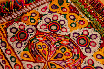 Mirrored embroidery work typical of the Aahir tribe in Gujarat,india,traditional and pattern art embroidery artwork beautiful view, Handmade. Ethnic and tribal motifs.