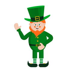 Vector leprechaun on St. Patrick's Day with orange beard in green clothes on white background isolated. 