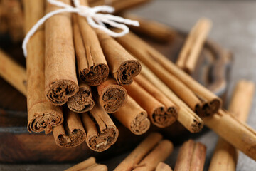 Tied aromatic brown cinnamon sticks, closeup view