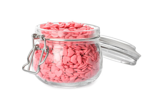 Sweet Candy Hearts In Jar On White Background