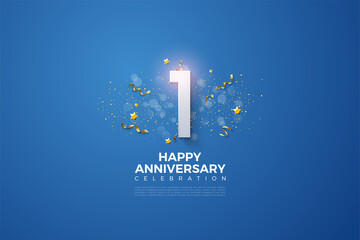1st anniversary with numbers and festive party on navy blue background. - obrazy, fototapety, plakaty