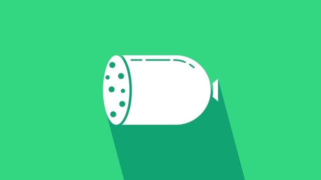 White Salami sausage icon isolated on green background. Meat delicatessen product. 4K Video motion graphic animation.