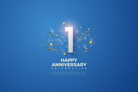 1st anniversary with numbers and festive party on navy blue background.