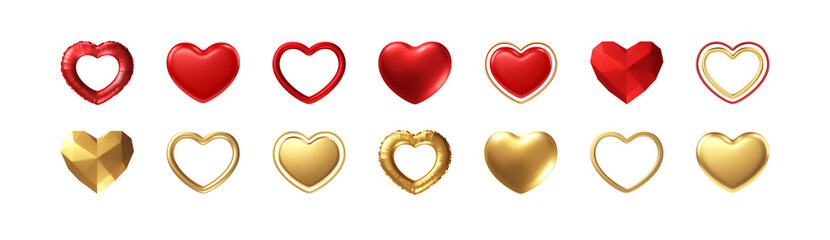 Big Valentines Day Set of different realistic gold, red hearts isolated on white background. Happy Valentines Day elements for design poster, postcard, flyer. Vector illustration