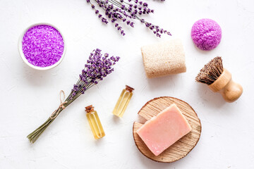 Fototapeta na wymiar Spa and wellness set of lavender cosmetic pharmacy products