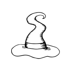 Magic pointed wizard hat. Clothes Halloween party witch costume. Hand drawn black doodle sketch outline tattoo engraving. Stock vector illustration isolated on white background.